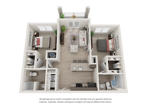 Floor plan for 2 beds, 2 baths, 953 sqft